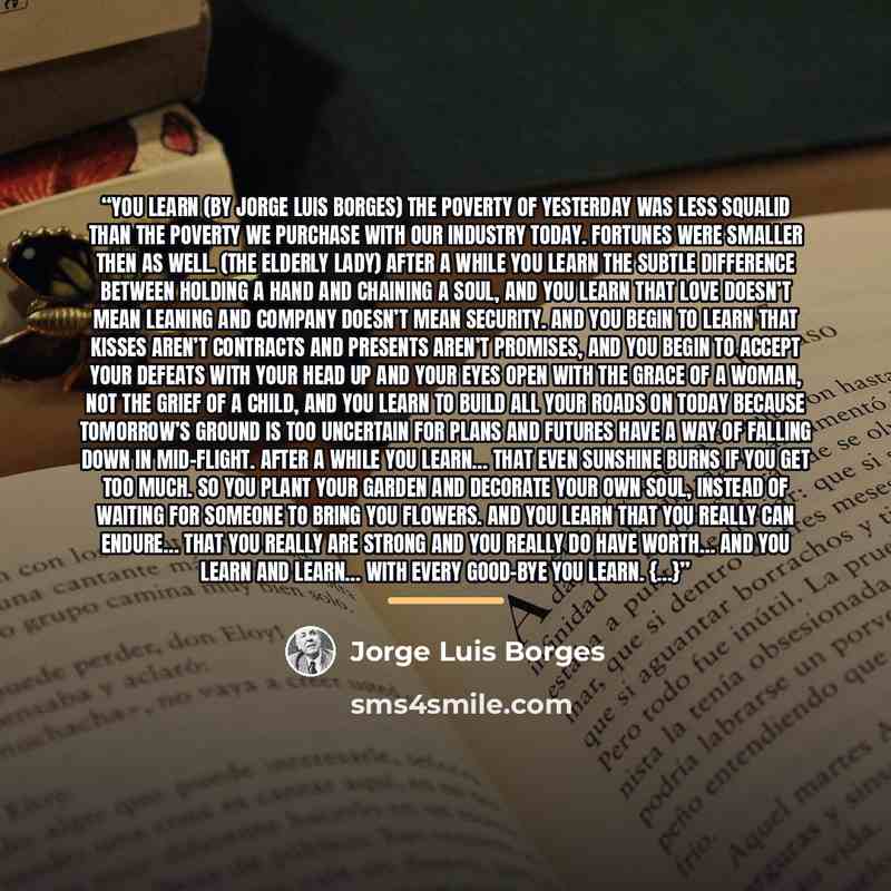 “You Learn (by Jorge Luis Borges) The poverty of yesterday was less squalid than the poverty we purchase with our industry today. Fortunes were smaller then as well. (The Elderly Lady) After a while you learn the subtle difference Between holding a hand and chaining a soul, And you learn that love…” quote by Jorge Luis Borges