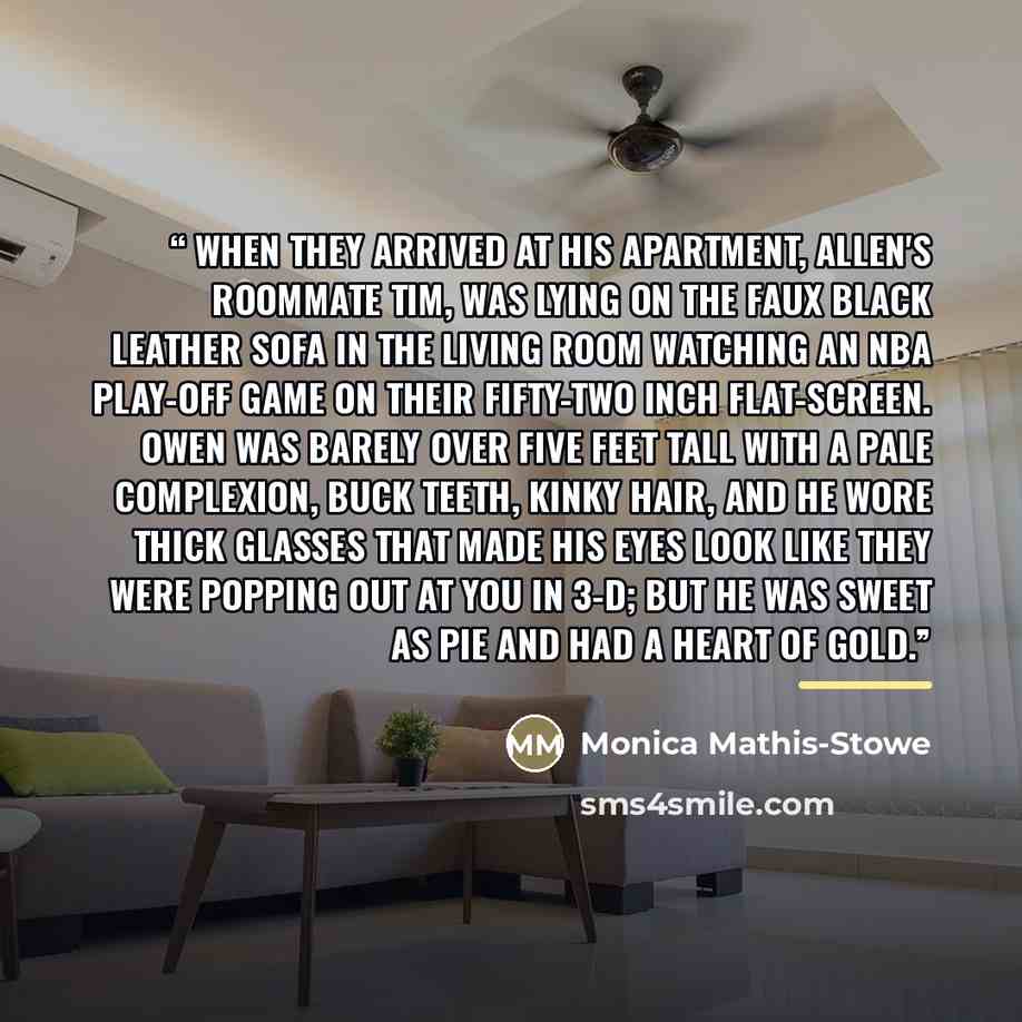 “When they arrived at his apartment, Allen's roommate Tim, was lying on the faux black leather sofa in the living room watching an NBA play-off game on their fifty-two inch flat-screen. Owen was barely over five feet tall with a pale complexion, buck teeth, kinky hair, and he wore thick glasses…” quote by Monica Mathis-Stowe
