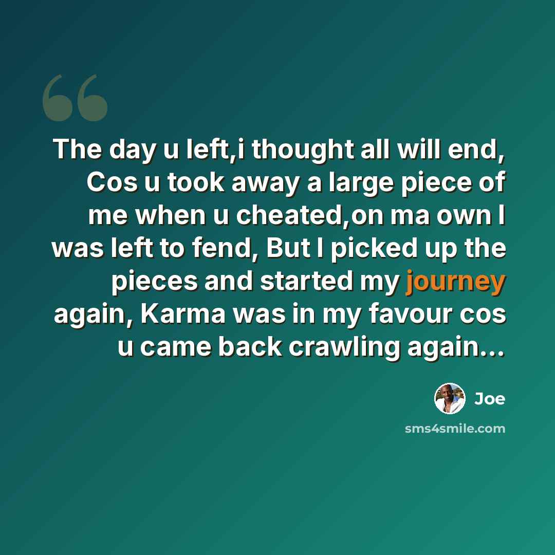 “The day u left,i thought all will end, Cos u took away a large piece of me when u cheated,on ma own I was left to fend, But I picked up the pieces and started my journey again, Karma was in my favour cos u came back crawling again…” quote by Joe