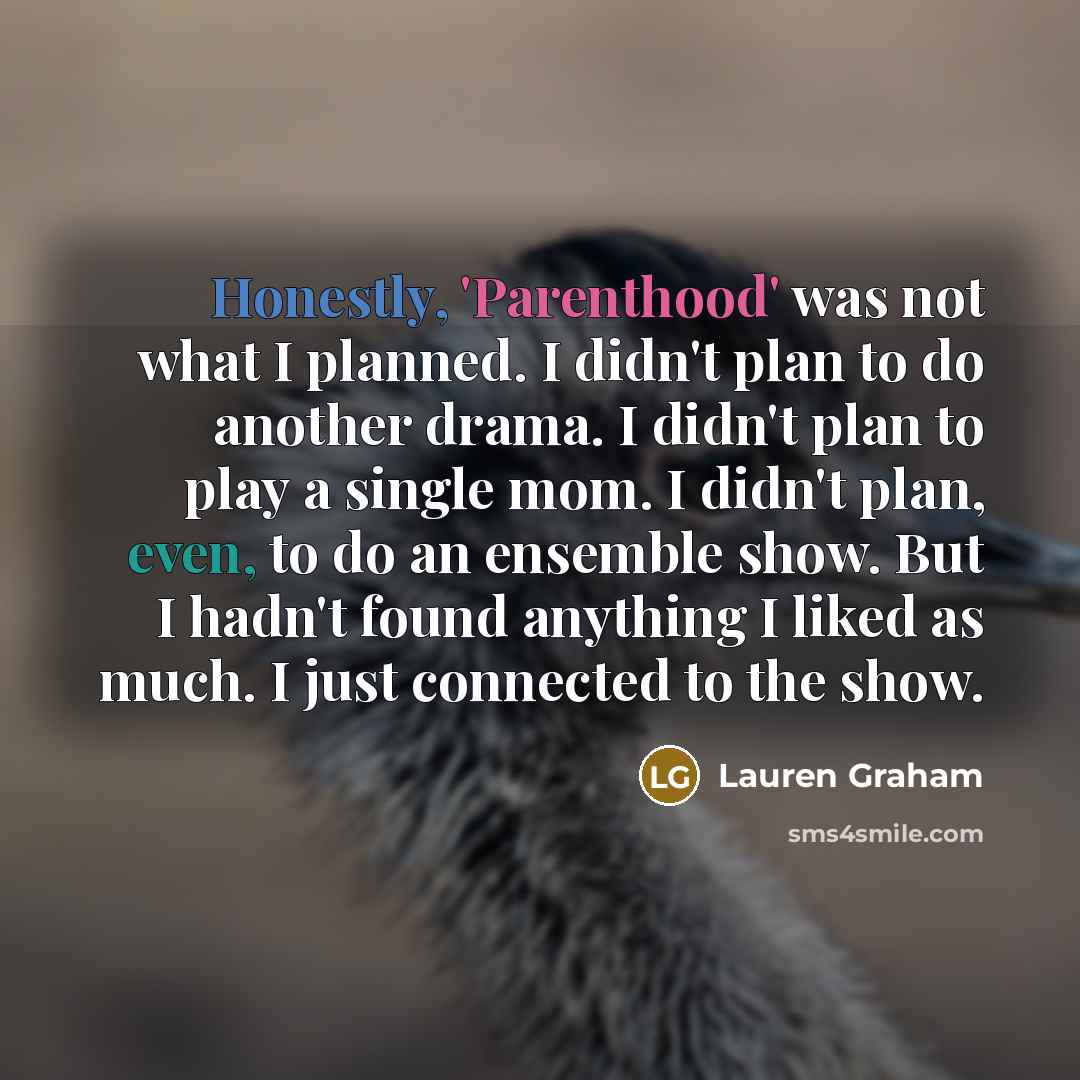 “Honestly, 'Parenthood' was not what I planned. I didn't plan to do another drama. I didn't plan to play a single mom. I didn't plan, even, to do an ensemble show. But I hadn't found anything I liked as much. I just connected to the show.” quote by Lauren Graham