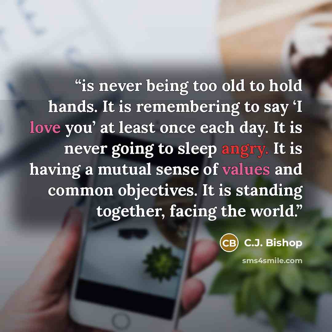 “is never being too old to hold hands. It is remembering to say ‘I love you’ at least once each day. It is never going to sleep angry. It is having a mutual sense of values and common objectives. It is standing together, facing the world.” quote by C.J. Bishop
