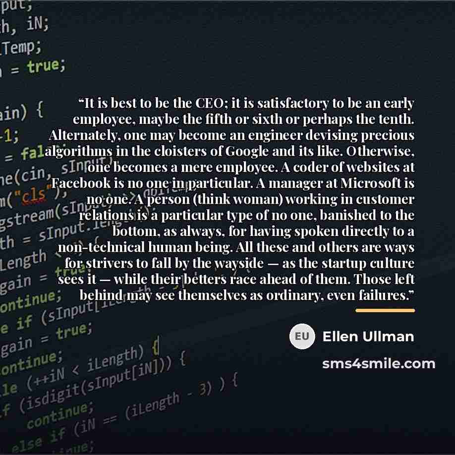 “It is best to be the CEO; it is satisfactory to be an early employee, maybe the fifth or sixth or perhaps the tenth. Alternately, one may become an engineer devising precious algorithms in the cloisters of Google and its like. Otherwise, one becomes a mere employee. A coder of websites at Facebook…” quote by Ellen Ullman
