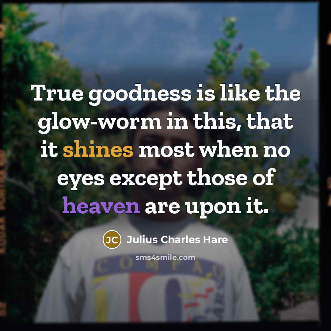 “True goodness is like the glow-worm in this, that it shines most when no eyes except those of heaven are upon it.” quote by Julius Charles Hare