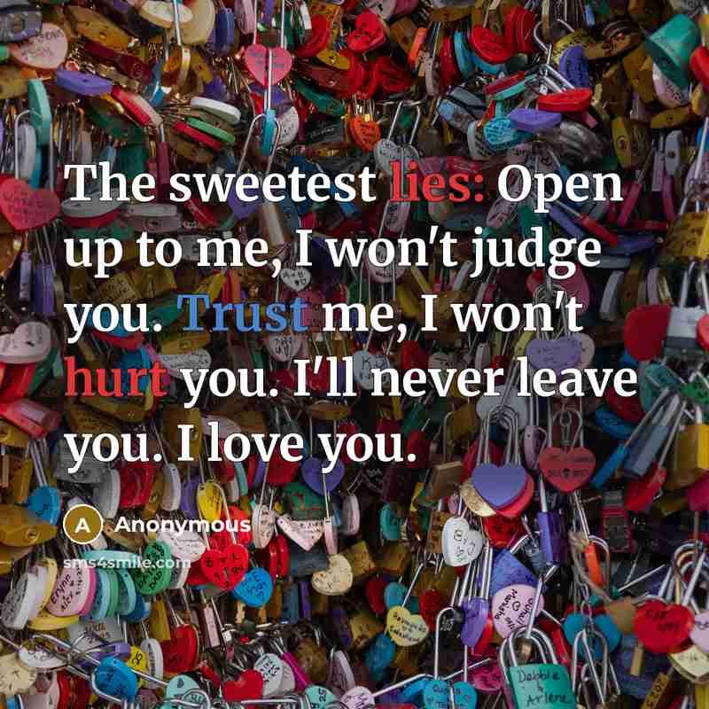 “The sweetest lies: Open up to me, I won't judge you. Trust me, I won't hurt you. I'll never leave you. I love you.” quote by Anonymous