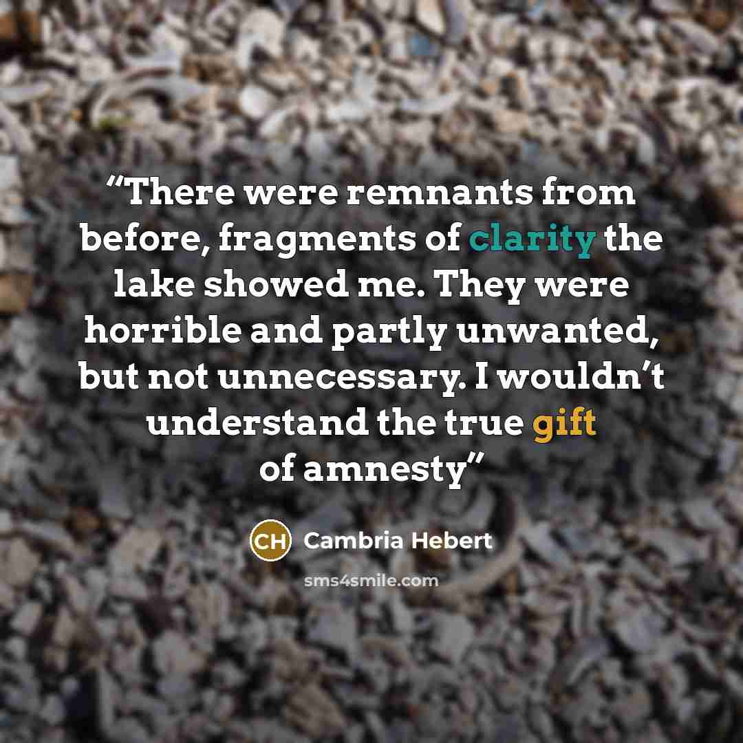 “There were remnants from before, fragments of clarity the lake showed me. They were horrible and partly unwanted, but not unnecessary. I wouldn’t understand the true gift of amnesty” quote by Cambria Hebert