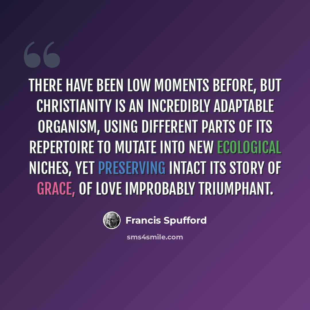 “There have been low moments before, but Christianity is an incredibly adaptable organism, using different parts of its repertoire to mutate into new ecological niches, yet preserving intact its story of grace, of love improbably triumphant.” quote by Francis Spufford