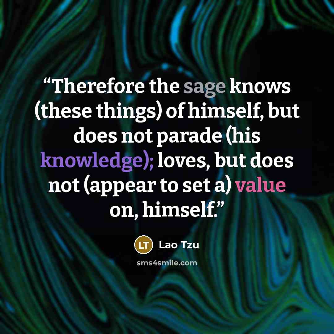 “Therefore the sage knows (these things) of himself, but does not parade (his knowledge); loves, but does not (appear to set a) value on, himself.” quote by Lao Tzu