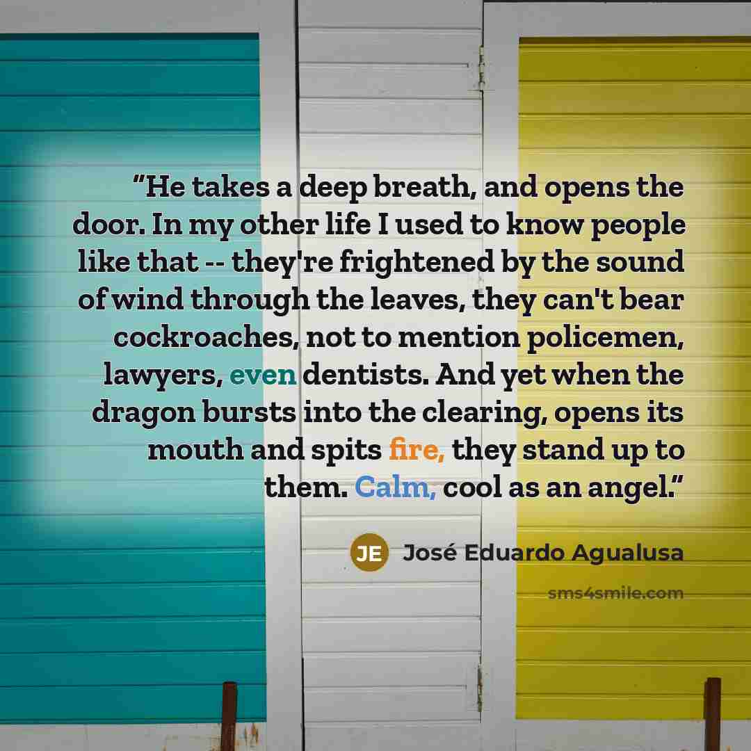“He takes a deep breath, and opens the door. In my other life I used to know people like that -- they're frightened by the sound of wind through the leaves, they can't bear cockroaches, not to mention policemen, lawyers, even dentists. And yet when the dragon bursts into the clearing, opens its…” quote by José Eduardo Agualusa