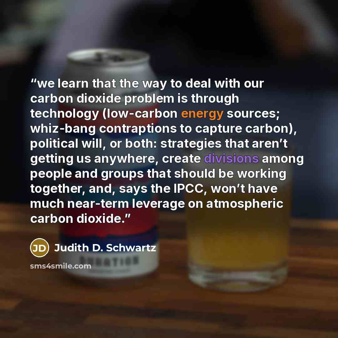 “we learn that the way to deal with our carbon dioxide problem is through technology (low-carbon energy sources; whiz-bang contraptions to capture carbon), political will, or both: strategies that aren’t getting us anywhere, create divisions among people and groups that should be working together…” quote by Judith D. Schwartz