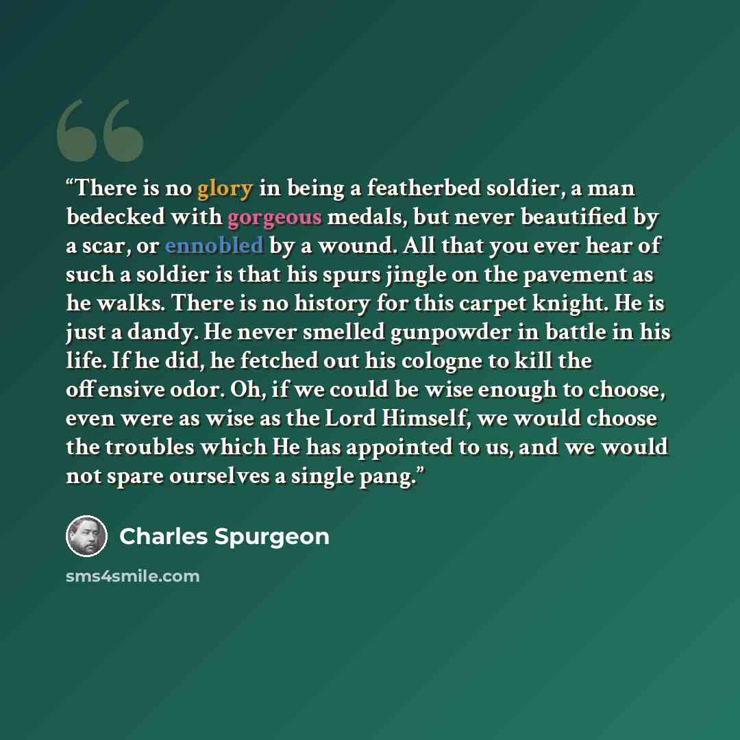 “There is no glory in being a featherbed soldier, a man bedecked with gorgeous medals, but never beautified by a scar, or ennobled by a wound. All that you ever hear of such a soldier is that his spurs jingle on the pavement as he walks. There is no history for this carpet knight. He is just a…” quote by Charles Spurgeon