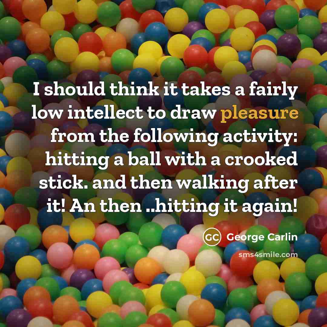 “I should think it takes a fairly low intellect to draw pleasure from the following activity: hitting a ball with a crooked stick. and then walking after it! An then ..hitting it again!” quote by George Carlin
