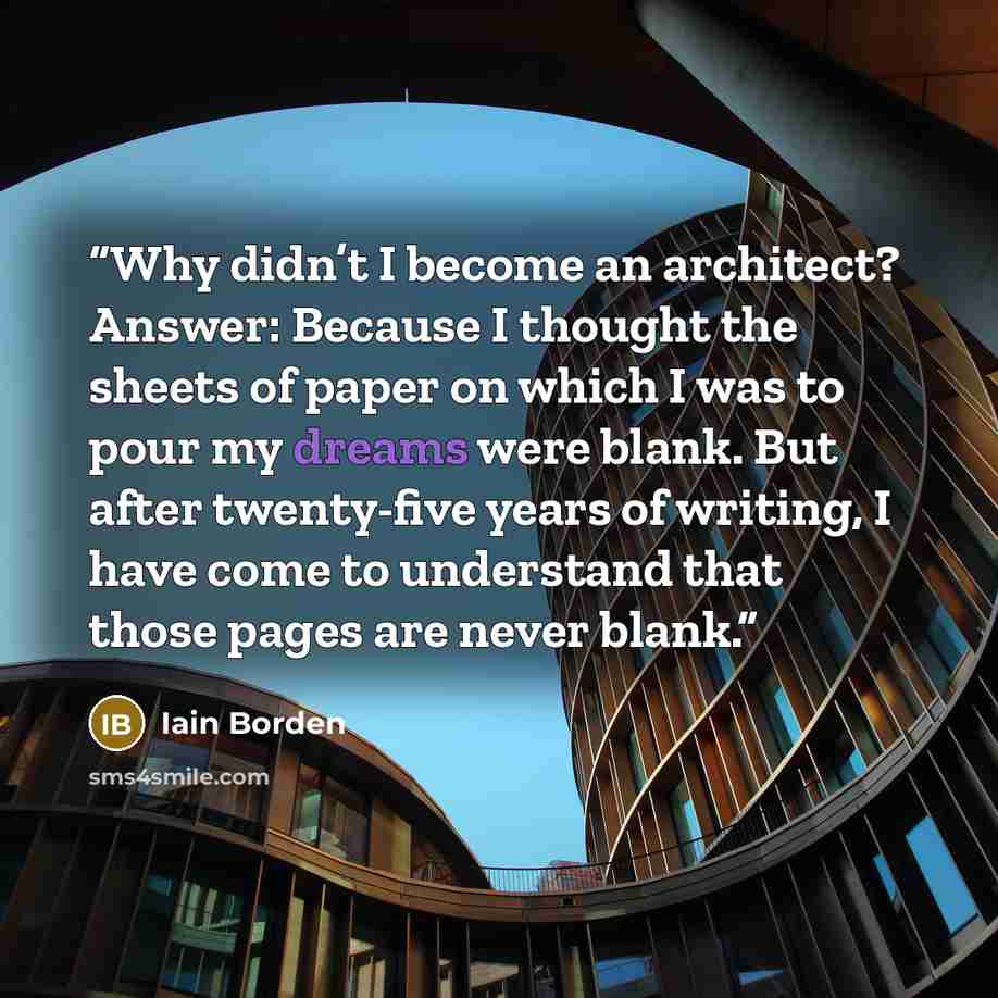 “Why didn’t I become an architect? Answer: Because I thought the sheets of paper on which I was to pour my dreams were blank. But after twenty-five years of writing, I have come to understand that those pages are never blank.” quote by Iain Borden