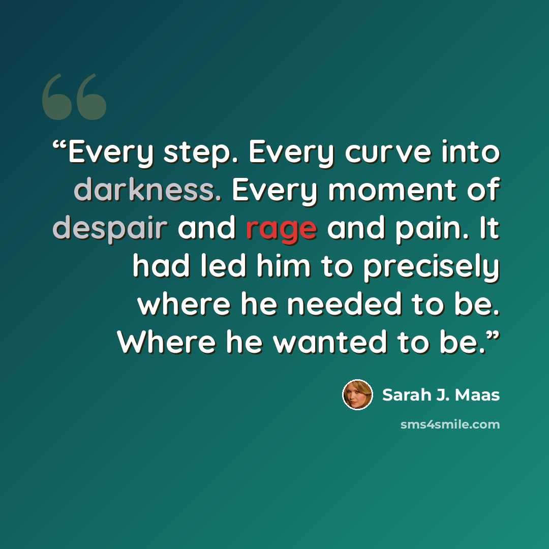 “Every step. Every curve into darkness. Every moment of despair and rage and pain. It had led him to precisely where he needed to be. Where he wanted to be.” quote by Sarah J. Maas
