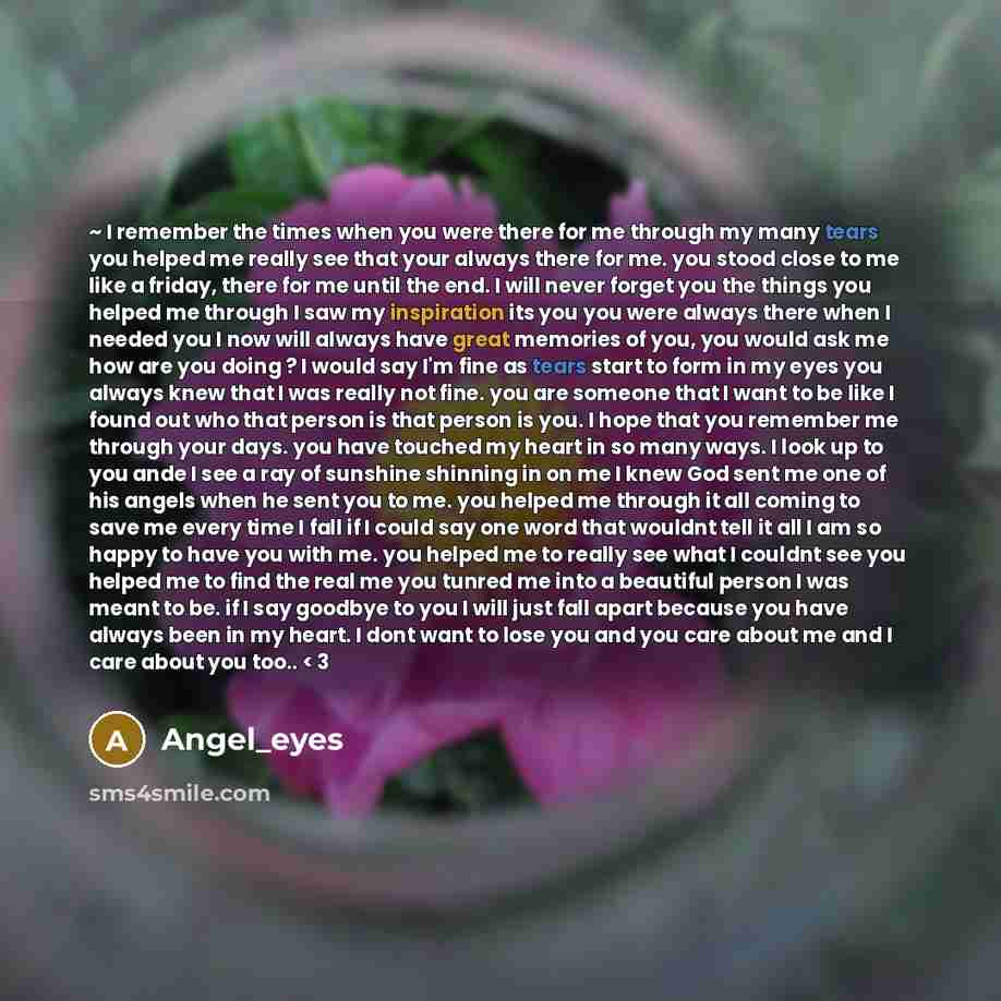 “~ I remember the times when you were there for me through my many tears you helped me really see that your always there for me. you stood close to me like a friday, there for me until the end. I will never forget you the things you helped me through I saw my inspiration its you you were always…” quote by Angel_eyes
