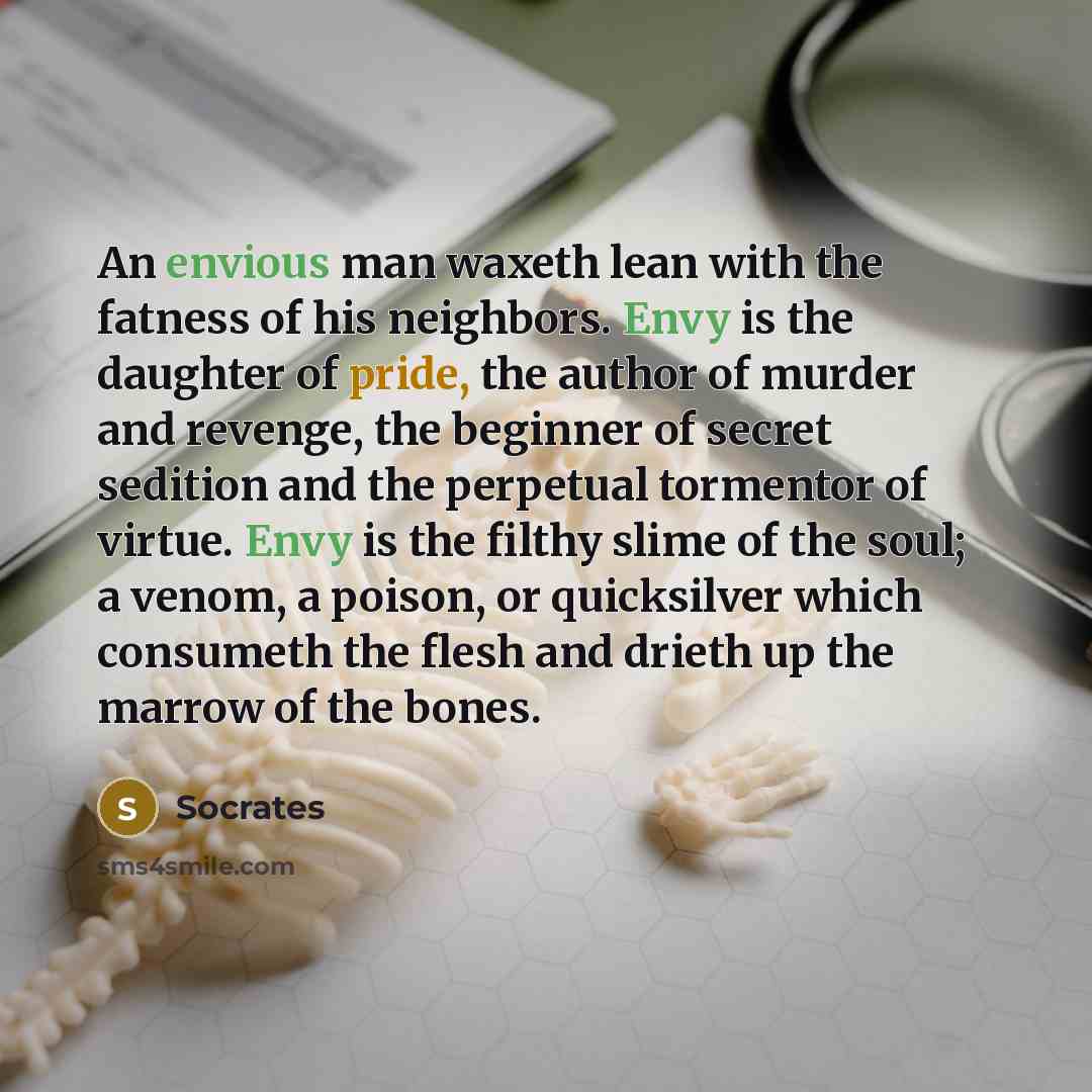 “An envious man waxeth lean with the fatness of his neighbors. Envy is the daughter of pride, the author of murder and revenge, the beginner of secret sedition and the perpetual tormentor of virtue. Envy is the filthy slime of the soul; a venom, a poison, or quicksilver which consumeth the flesh…” quote by Socrates