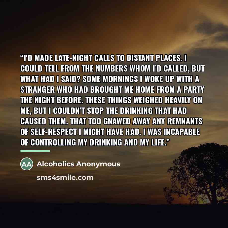 “I’d made late-night calls to distant places. I could tell from the numbers whom I’d called, but what had I said? Some mornings I woke up with a stranger who had brought me home from a party the night before. These things weighed heavily on me, but I couldn’t stop the drinking that had caused them…” quote by Alcoholics Anonymous