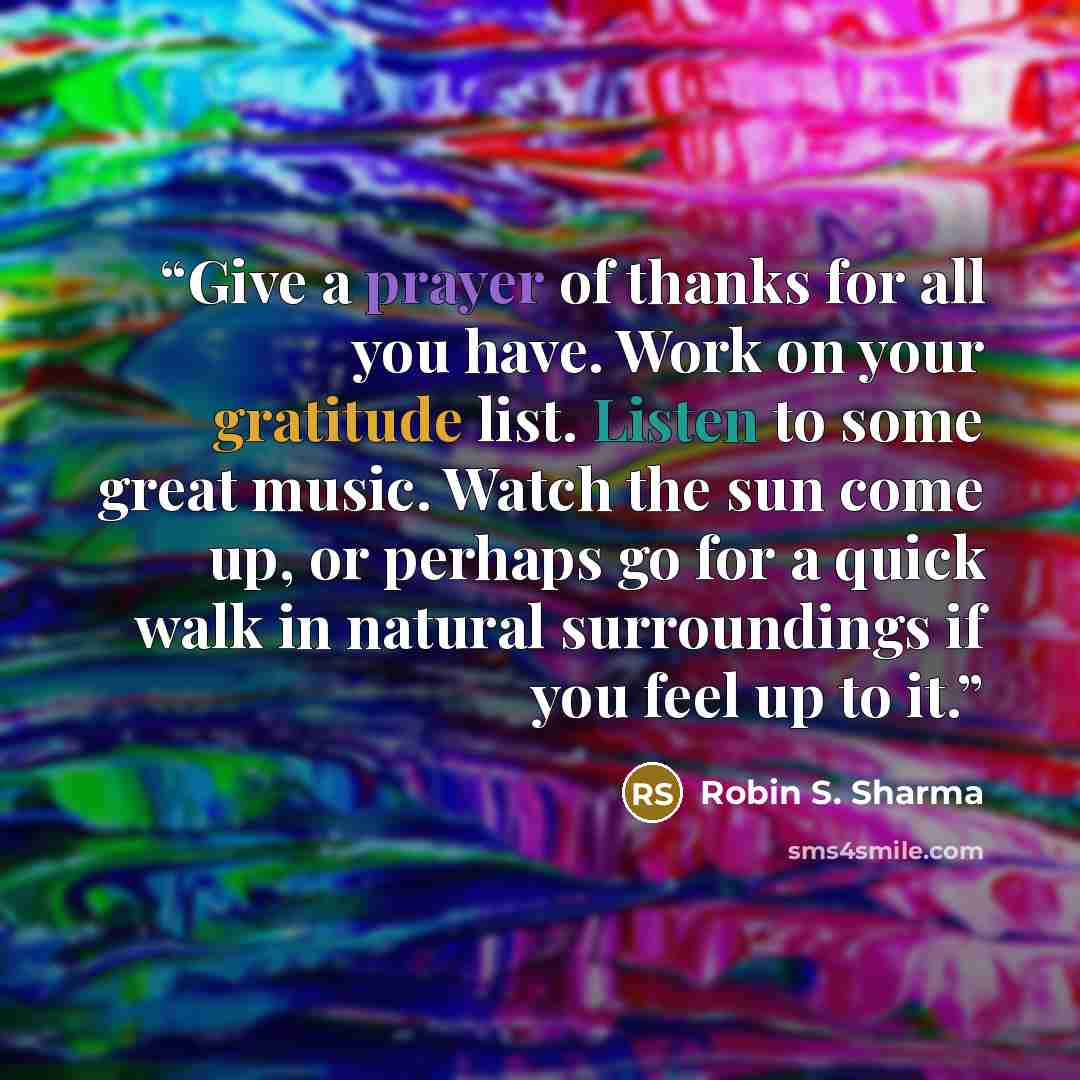 “Give a prayer of thanks for all you have. Work on your gratitude list. Listen to some great music. Watch the sun come up, or perhaps go for a quick walk in natural surroundings if you feel up to it.” quote by Robin S. Sharma