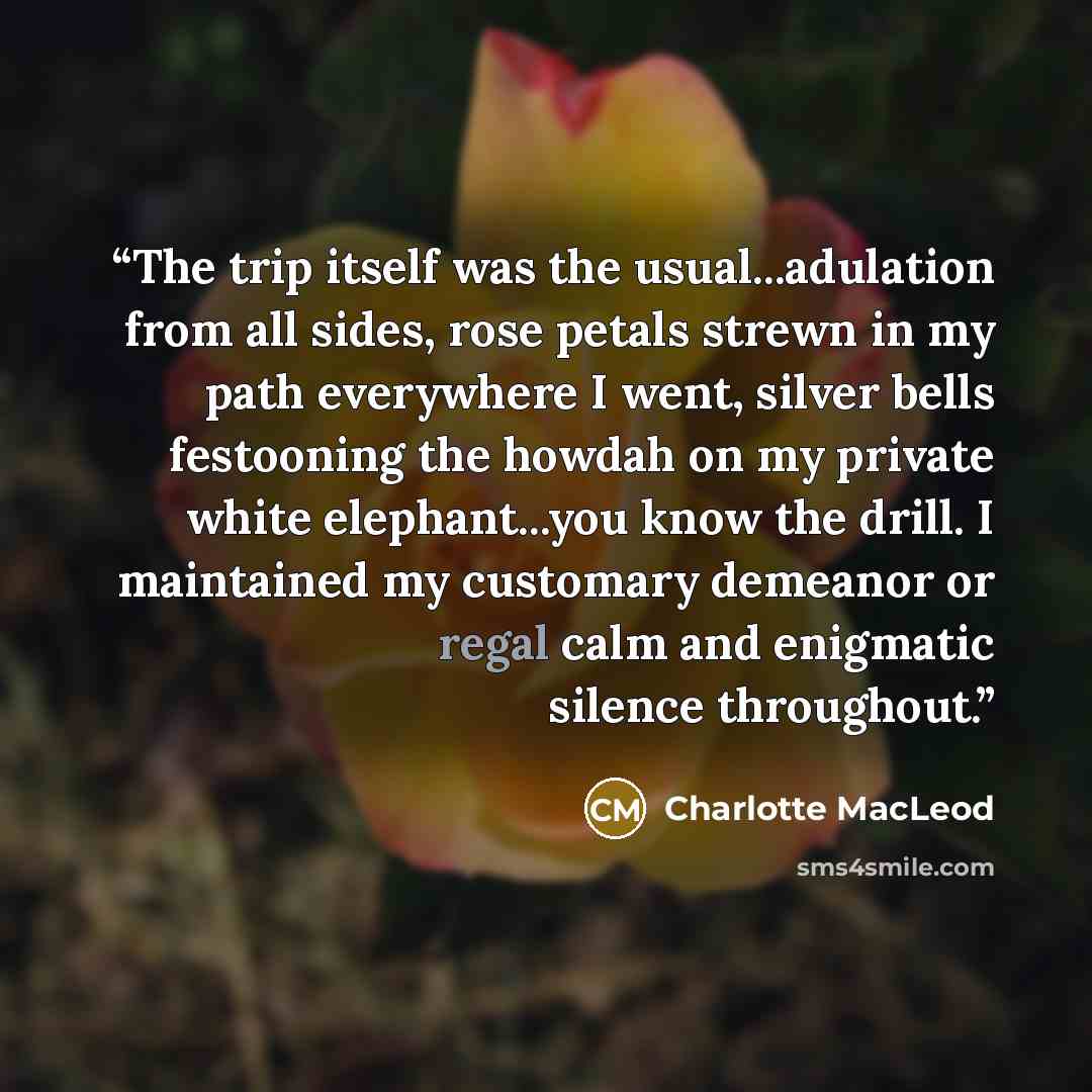 “The trip itself was the usual...adulation from all sides, rose petals strewn in my path everywhere I went, silver bells festooning the howdah on my private white elephant...you know the drill. I maintained my customary demeanor or regal calm and enigmatic silence throughout.” quote by Charlotte MacLeod