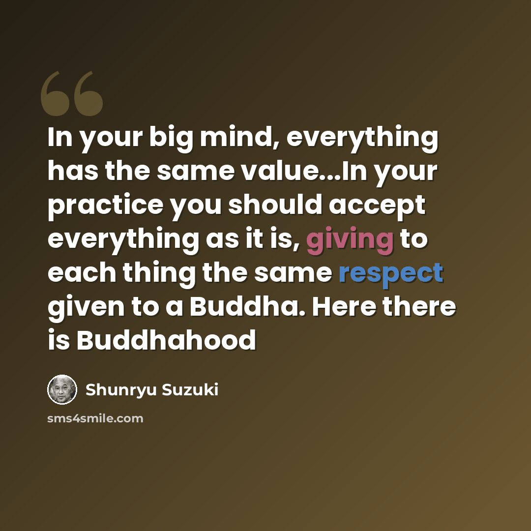 “In your big mind, everything has the same value...In your practice you should accept everything as it is, giving to each thing the same respect given to a Buddha. Here there is Buddhahood” quote by Shunryu Suzuki