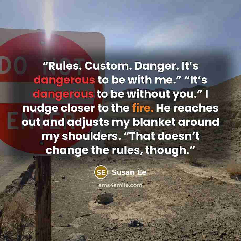 “Rules. Custom. Danger. It’s dangerous to be with me.” “It’s dangerous to be without you.” I nudge closer to the fire. He reaches out and adjusts my blanket around my shoulders. “That doesn’t change the rules, though.” quote by Susan Ee
