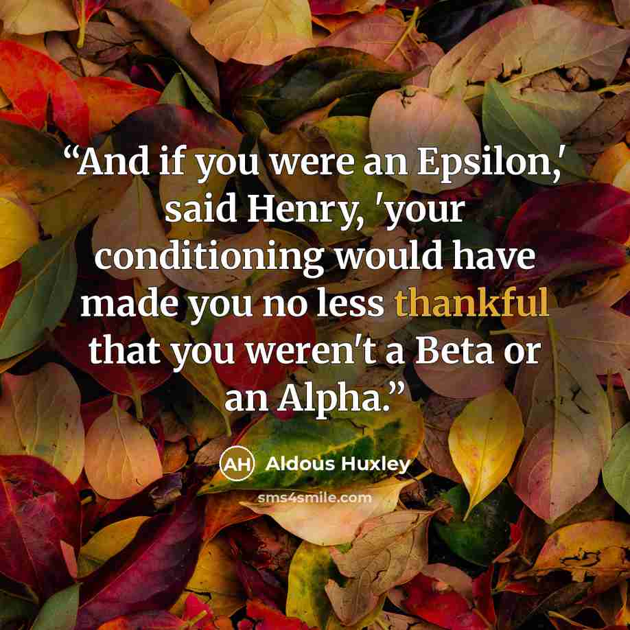 “And if you were an Epsilon,' said Henry, 'your conditioning would have made you no less thankful that you weren't a Beta or an Alpha.” quote by Aldous Huxley
