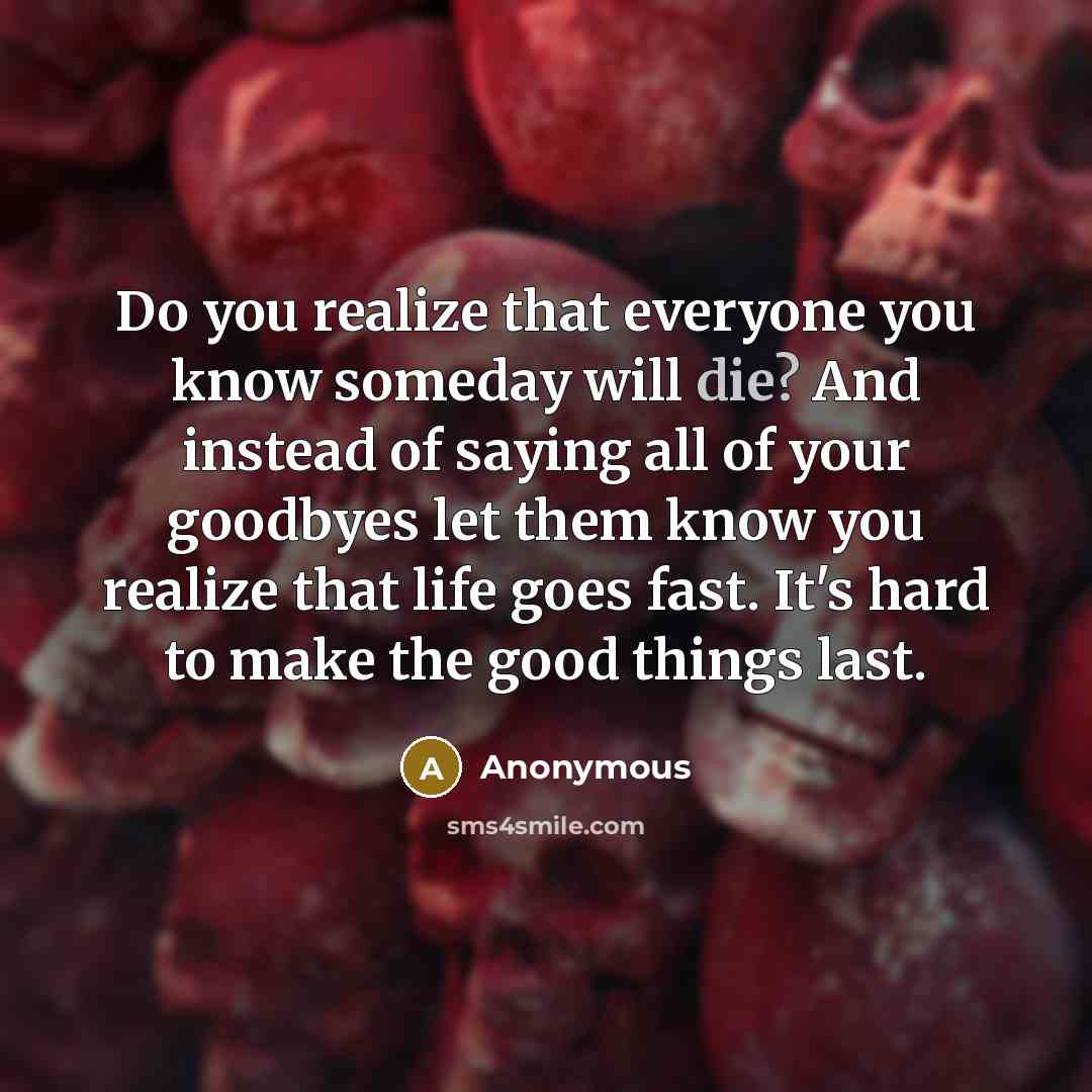 “Do you realize that everyone you know someday will die? And instead of saying all of your goodbyes let them know you realize that life goes fast. It's hard to make the good things last.” quote by Anonymous