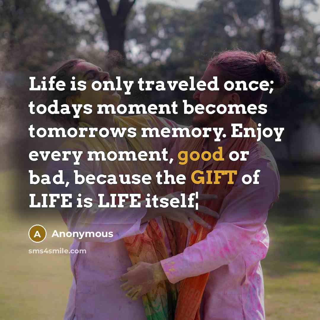 “Life is only traveled once; todays moment becomes tomorrows memory. Enjoy every moment, good or bad, because the GIFT of LIFE is LIFE itself¦” quote by Anonymous