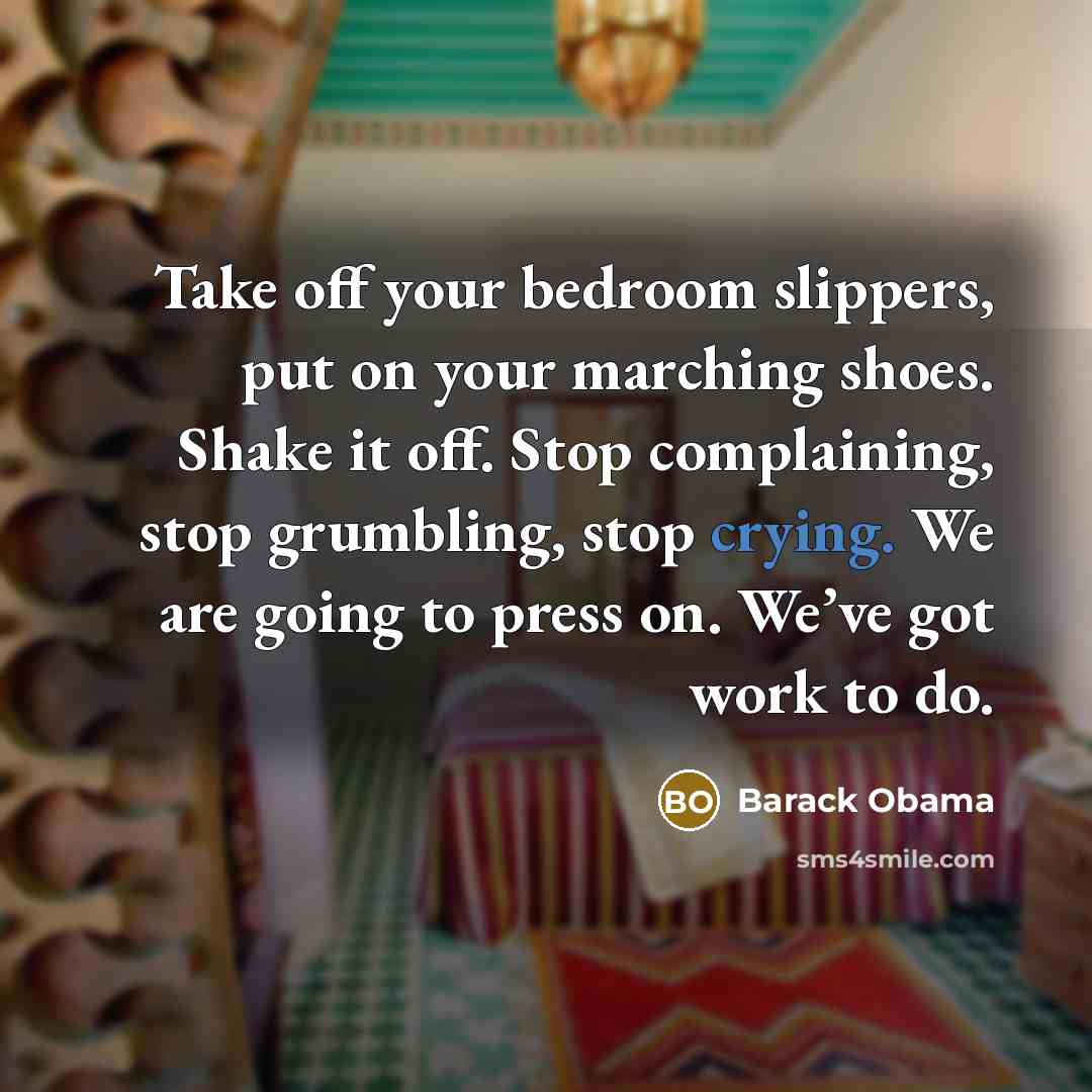 “Take off your bedroom slippers, put on your marching shoes. Shake it off. Stop complaining, stop grumbling, stop crying. We are going to press on. We’ve got work to do.” quote by Barack Obama