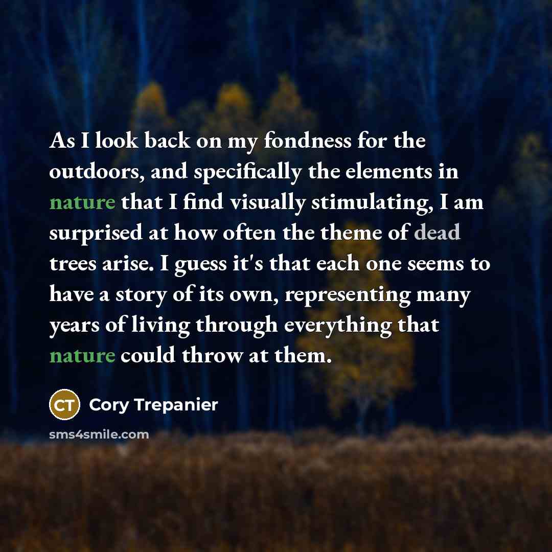 “As I look back on my fondness for the outdoors, and specifically the elements in nature that I find visually stimulating, I am surprised at how often the theme of dead trees arise. I guess it's that each one seems to have a story of its own, representing many years of living through everything…” quote by Cory Trepanier