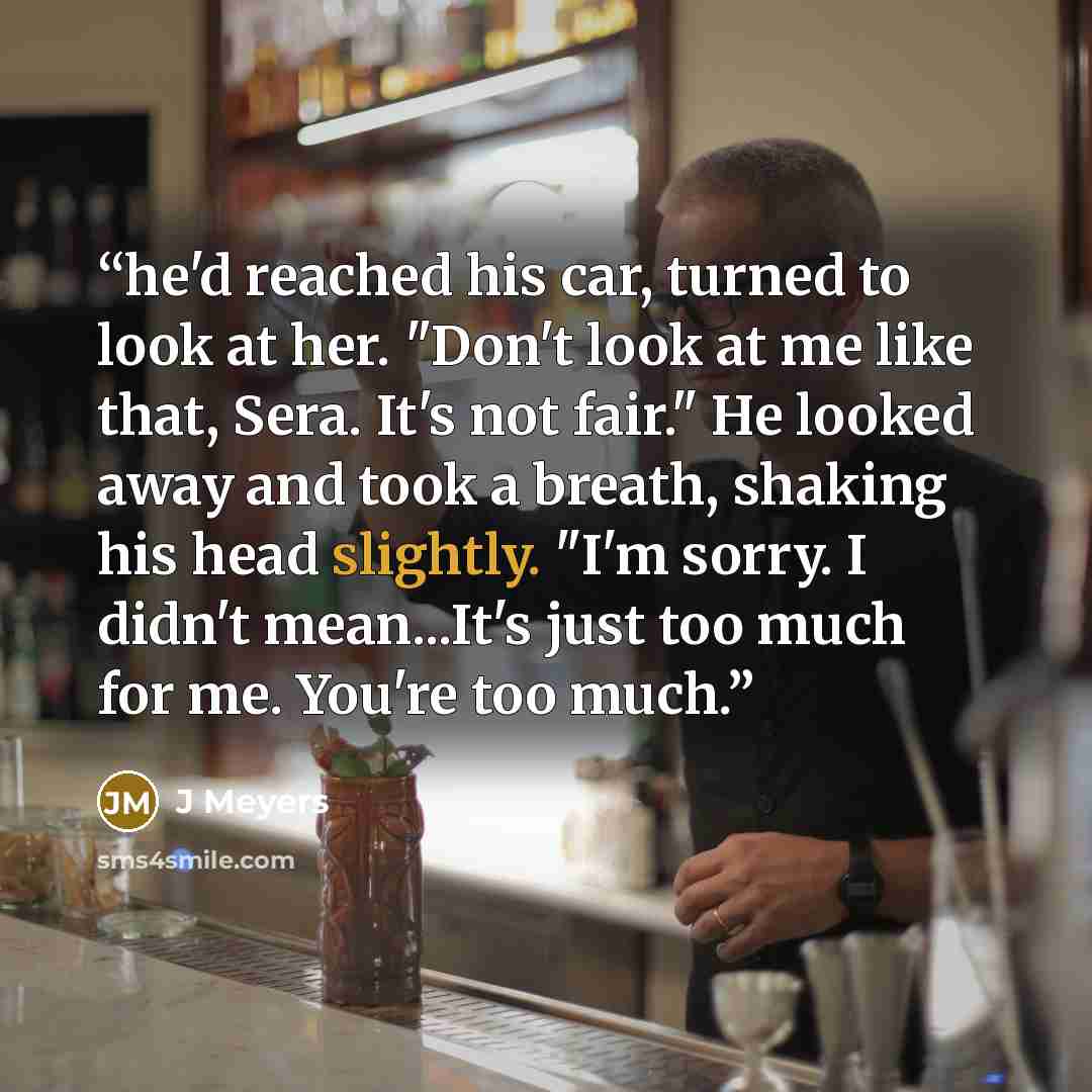“he'd reached his car, turned to look at her. "Don't look at me like that, Sera. It's not fair." He looked away and took a breath, shaking his head slightly. "I'm sorry. I didn't mean...It's just too much for me. You're too much.” quote by J Meyers