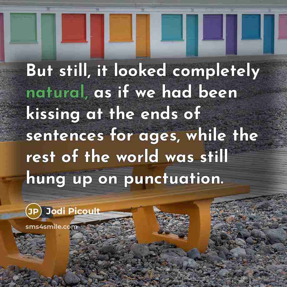 “But still, it looked completely natural, as if we had been kissing at the ends of sentences for ages, while the rest of the world was still hung up on punctuation.” quote by Jodi Picoult