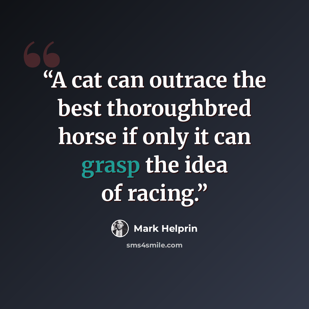 “A cat can outrace the best thoroughbred horse if only it can grasp the idea of racing.” quote by Mark Helprin