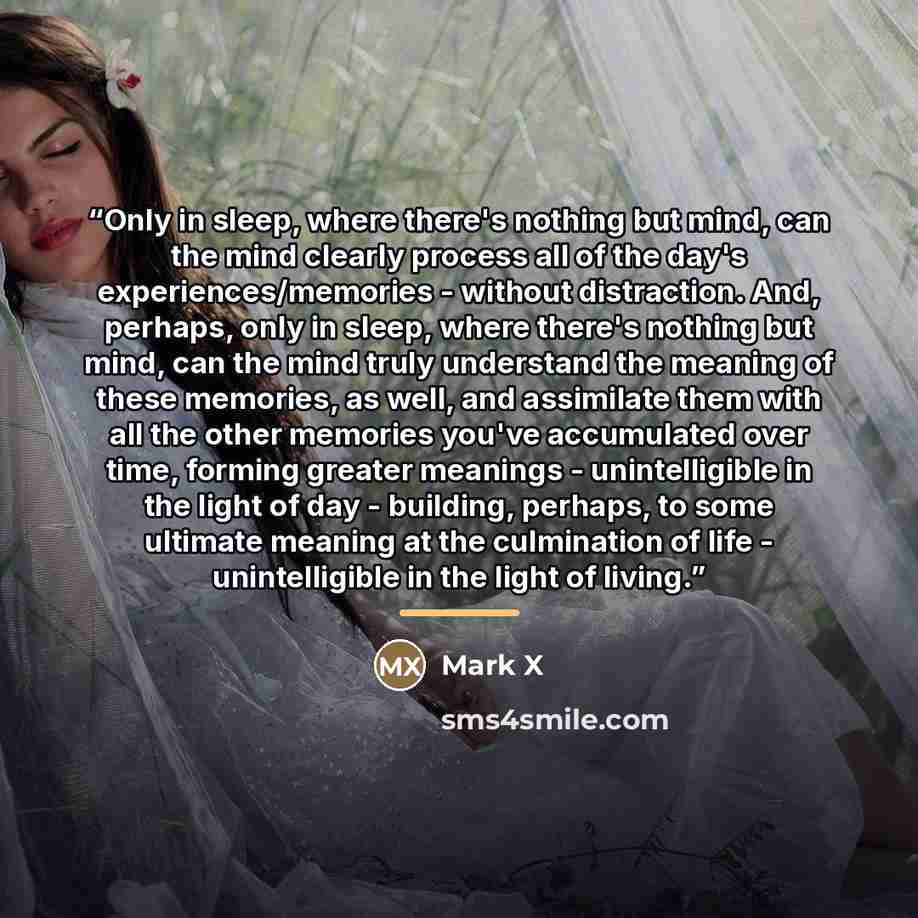 “Only in sleep, where there's nothing but mind, can the mind clearly process all of the day's experiences/memories - without distraction. And, perhaps, only in sleep, where there's nothing but mind, can the mind truly understand the meaning of these memories, as well, and assimilate them with all…” quote by Mark X