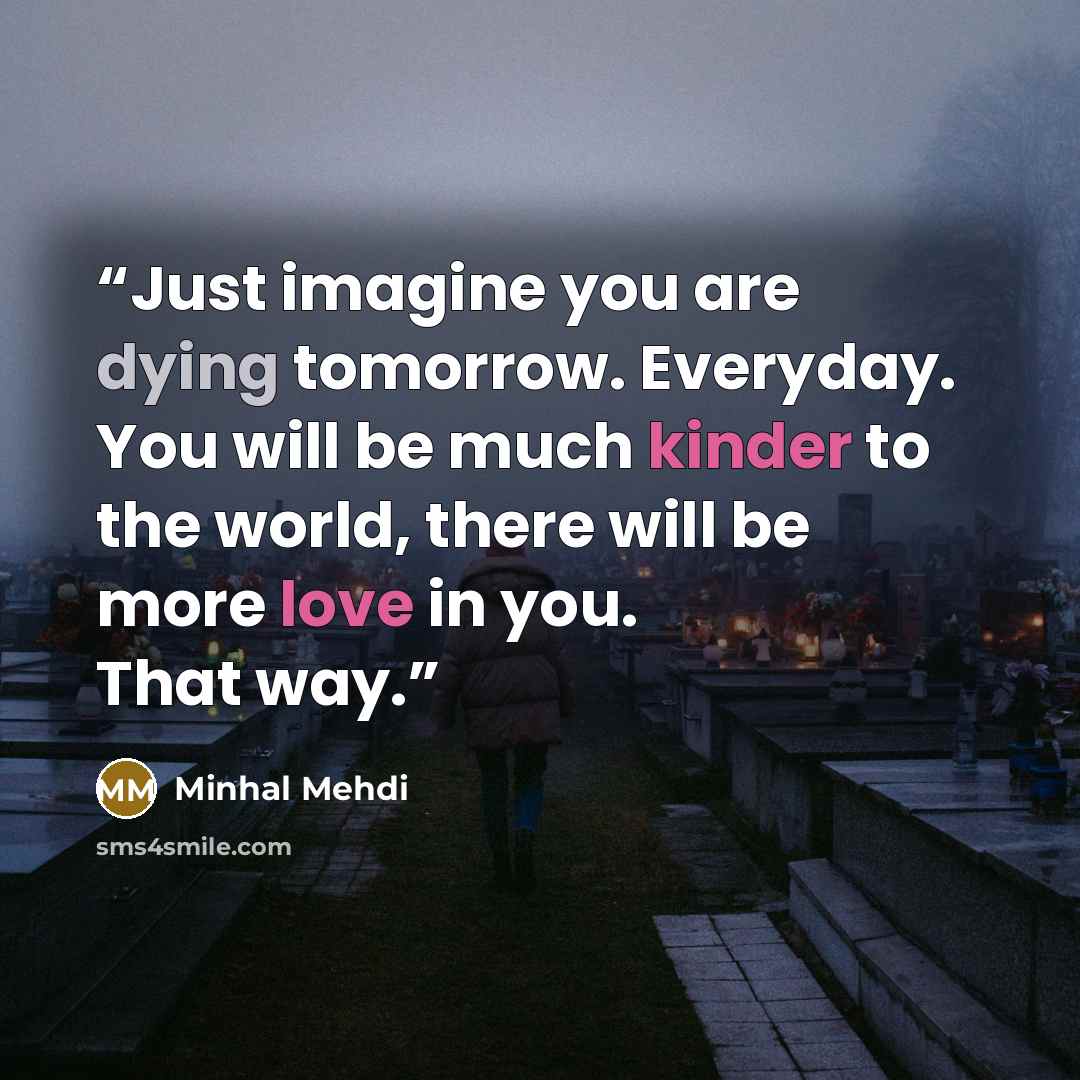 “Just imagine you are dying tomorrow. Everyday. You will be much kinder to the world, there will be more love in you. That way.” quote by Minhal Mehdi