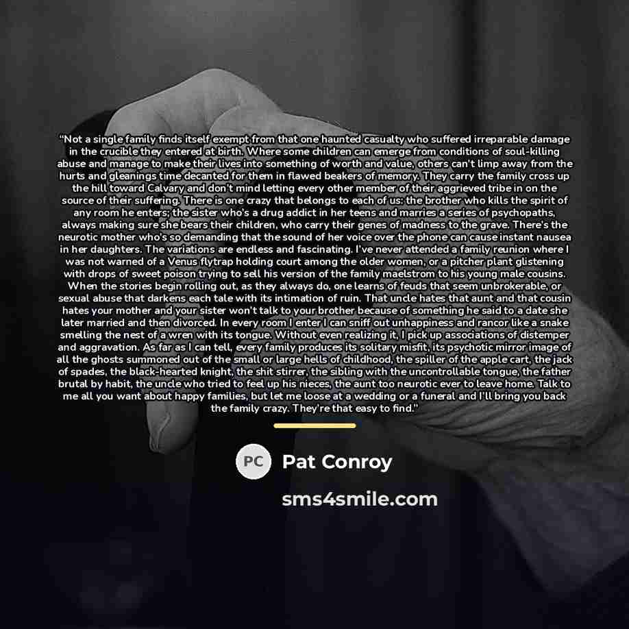 “Not a single family finds itself exempt from that one haunted casualty who suffered irreparable damage in the crucible they entered at birth. Where some children can emerge from conditions of soul-killing abuse and manage to make their lives into something of worth and value, others can’t limp…” quote by Pat Conroy