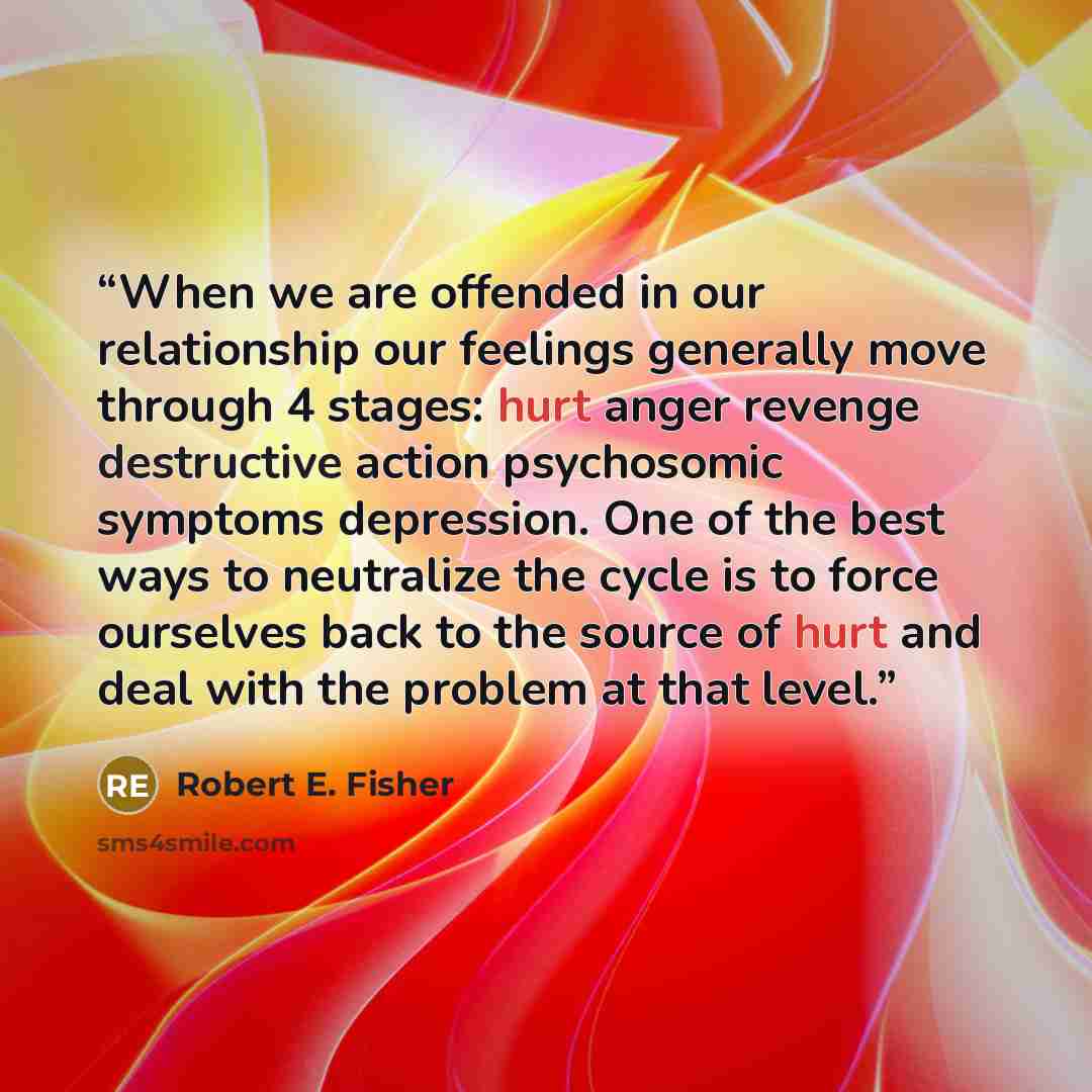 “When we are offended in our relationship our feelings generally move through 4 stages: hurt anger revenge destructive action psychosomic symptoms depression. One of the best ways to neutralize the cycle is to force ourselves back to the source of hurt and deal with the problem at that level.” quote by Robert E. Fisher