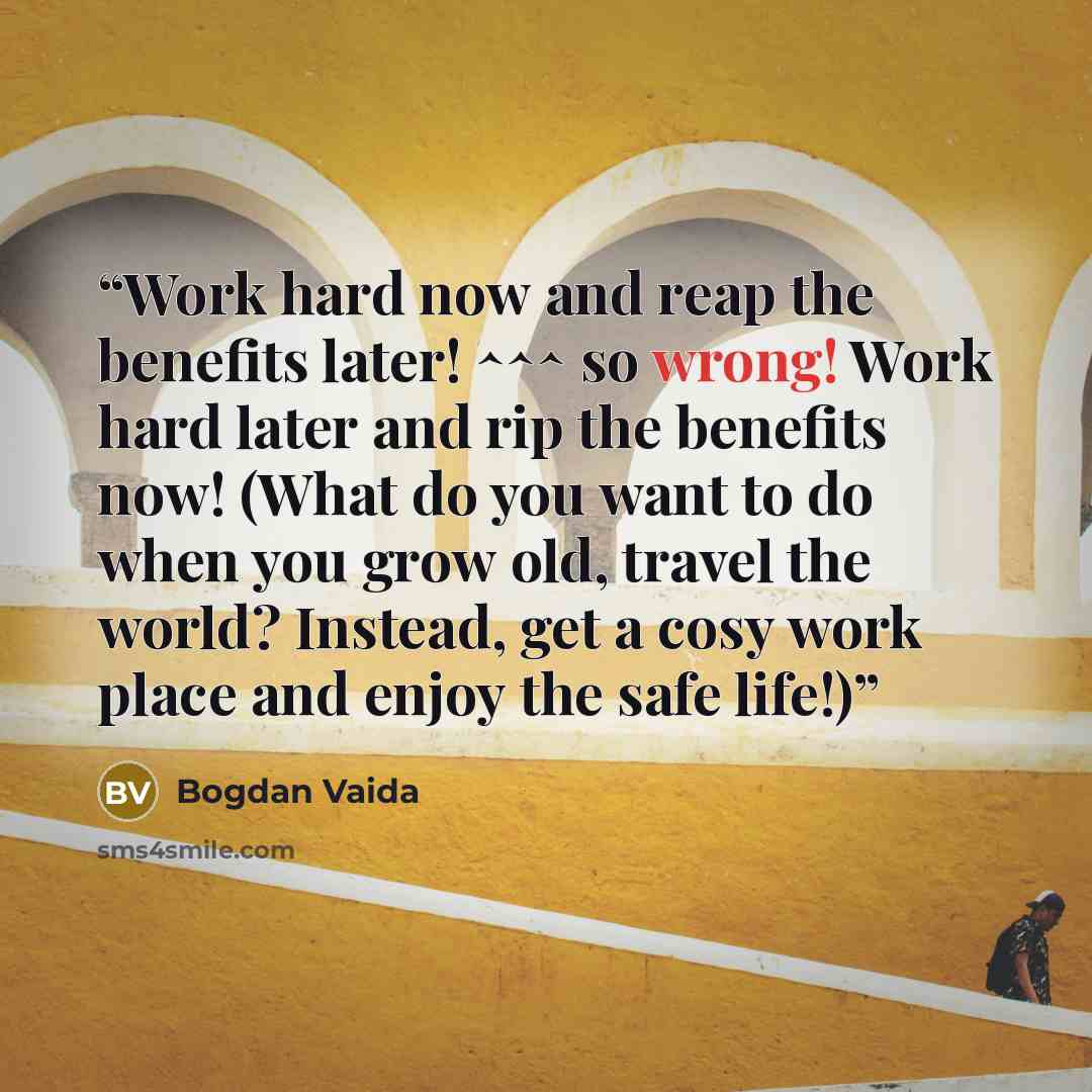 “Work hard now and reap the benefits later! ^^^ so wrong! Work hard later and rip the benefits now! (What do you want to do when you grow old, travel the world? Instead, get a cosy work place and enjoy the safe life!)” quote by Bogdan Vaida