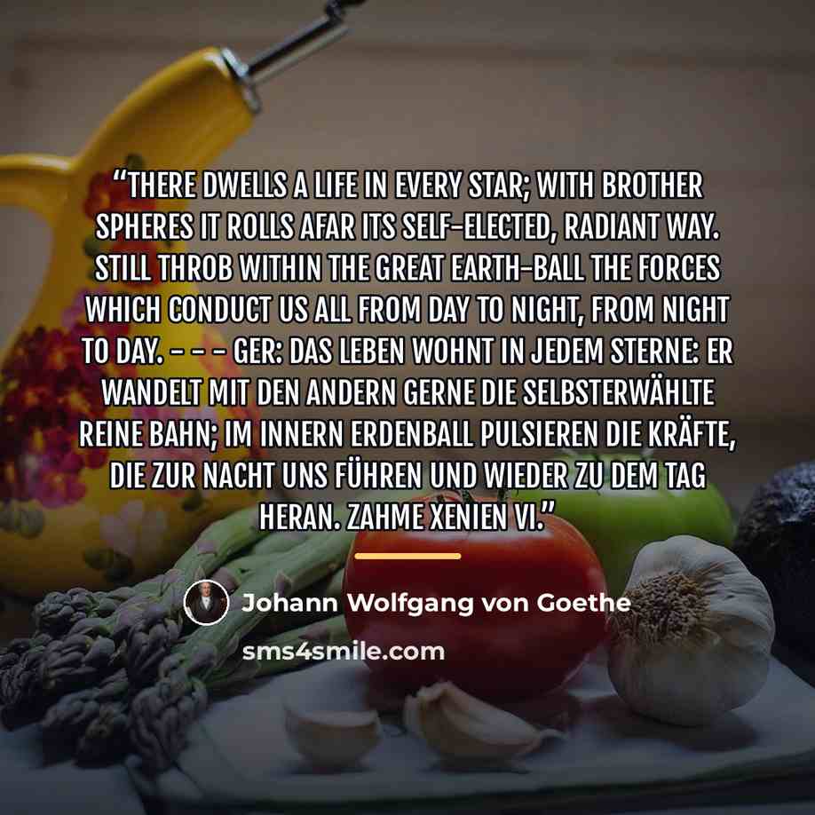 “There dwells a life in every star; With brother spheres it rolls afar Its self-elected, radiant way. Still throb within the great earth-ball The forces which conduct us all From day to night, from night to day. - - - GER: Das Leben wohnt in jedem Sterne: Er wandelt mit den andern gerne Die…” quote by Johann Wolfgang von Goethe