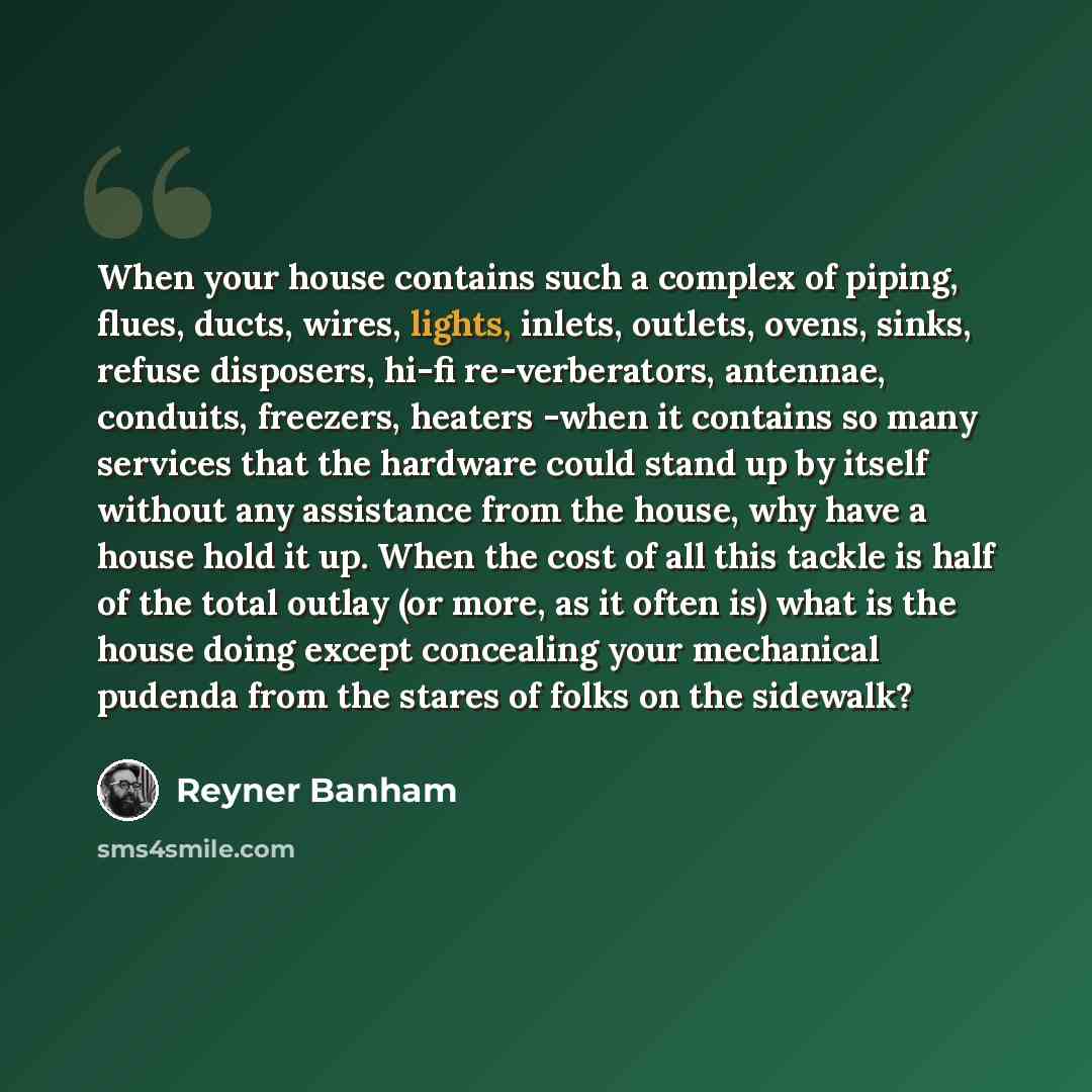 “When your house contains such a complex of piping, flues, ducts, wires, lights, inlets, outlets, ovens, sinks, refuse disposers, hi-fi re-verberators, antennae, conduits, freezers, heaters -when it contains so many services that the hardware could stand up by itself without any assistance from the…” quote by Reyner Banham
