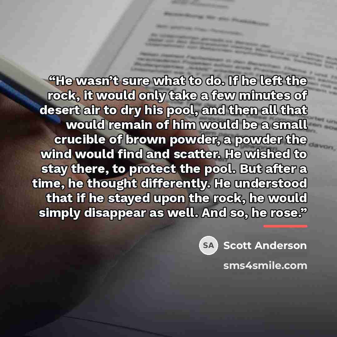 “He wasn’t sure what to do. If he left the rock, it would only take a few minutes of desert air to dry his pool, and then all that would remain of him would be a small crucible of brown powder, a powder the wind would find and scatter. He wished to stay there, to protect the pool. But after a time…” quote by Scott Anderson