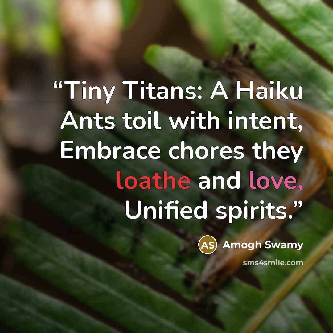 “Tiny Titans: A Haiku Ants toil with intent, Embrace chores they loathe and love, Unified spirits.” quote by Amogh Swamy