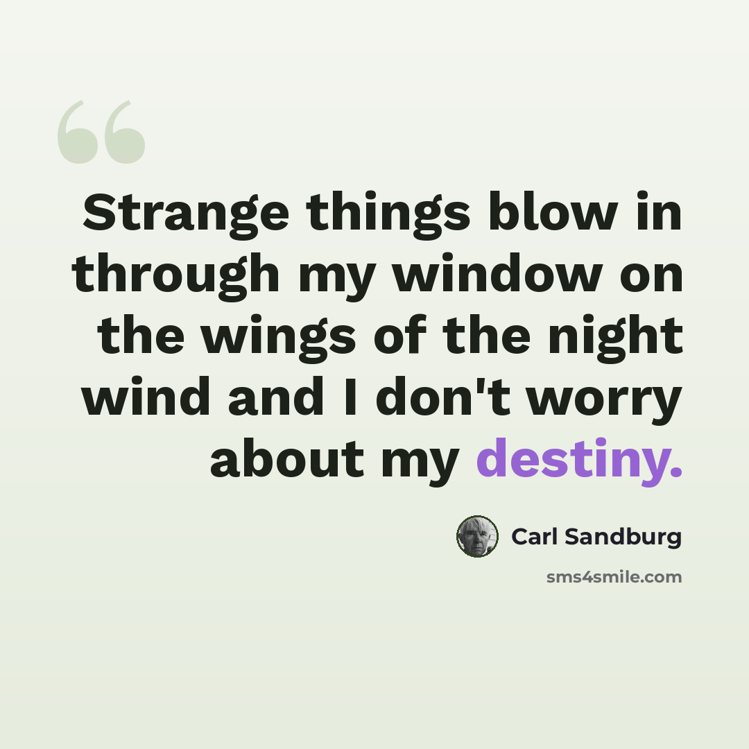 “Strange things blow in through my window on the wings of the night wind and I don't worry about my destiny.” quote by Carl Sandburg