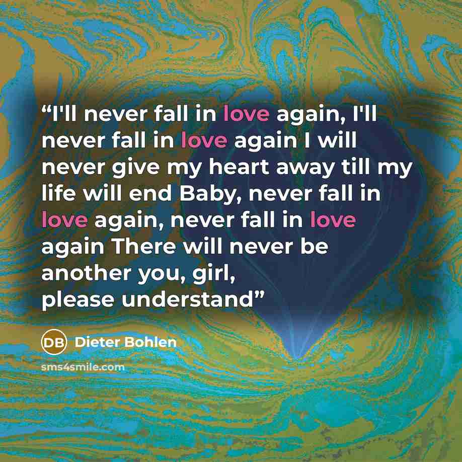 “I'll never fall in love again, I'll never fall in love again I will never give my heart away till my life will end Baby, never fall in love again, never fall in love again There will never be another you, girl, please understand” quote by Dieter Bohlen