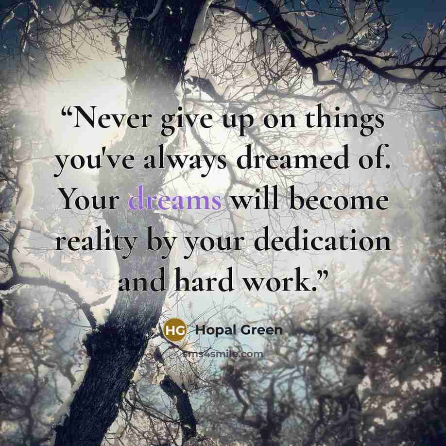 “Never give up on things you've always dreamed of. Your dreams will become reality by your dedication and hard work.” quote by Hopal Green