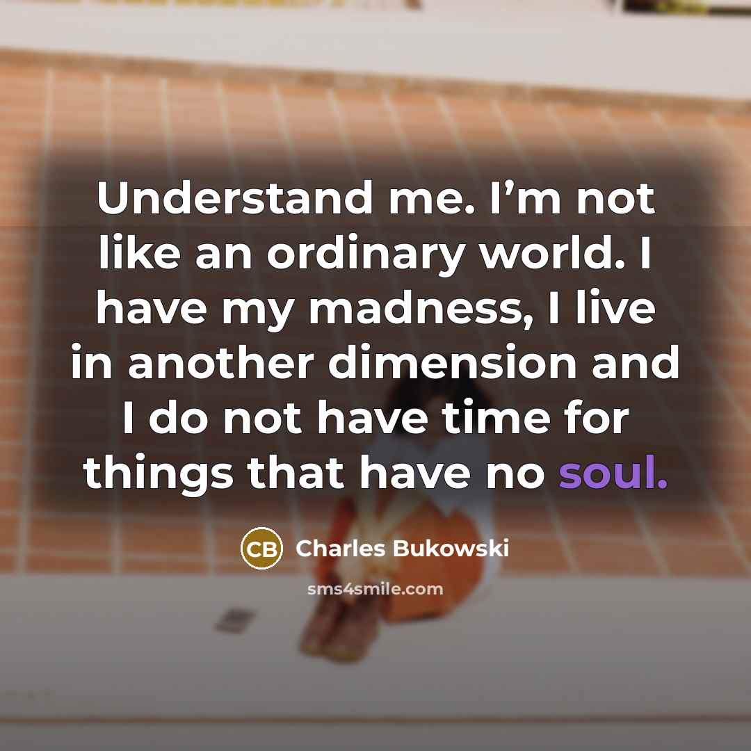 “Understand me. I’m not like an ordinary world. I have my madness, I live in another dimension and I do not have time for things that have no soul.” quote by Charles Bukowski