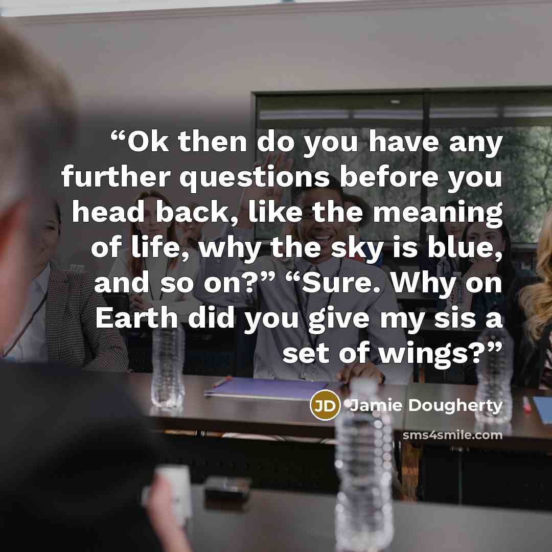 “Ok then do you have any further questions before you head back, like the meaning of life, why the sky is blue, and so on?” “Sure. Why on Earth did you give my sis a set of wings?” quote by Jamie Dougherty