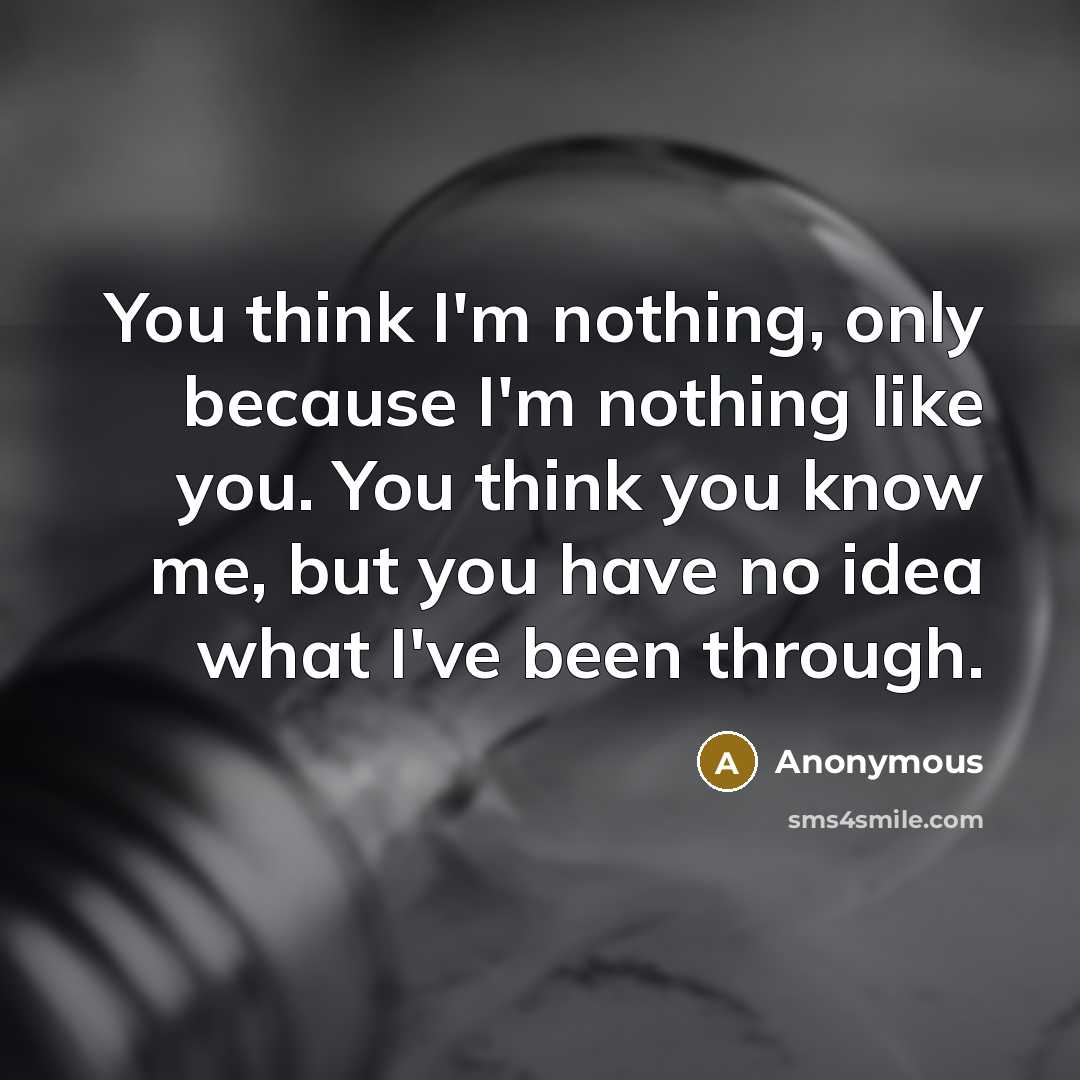 “You think I'm nothing, only because I'm nothing like you. You think you know me, but you have no idea what I've been through.” quote by Anonymous