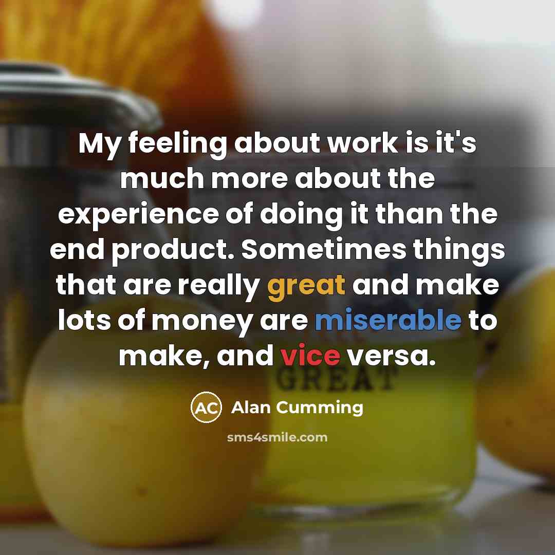 “My feeling about work is it's much more about the experience of doing it than the end product. Sometimes things that are really great and make lots of money are miserable to make, and vice versa.” quote by Alan Cumming