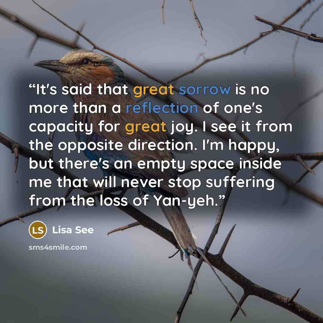 “It's said that great sorrow is no more than a reflection of one's capacity for great joy. I see it from the opposite direction. I'm happy, but there's an empty space inside me that will never stop suffering from the loss of Yan-yeh.” quote by Lisa See