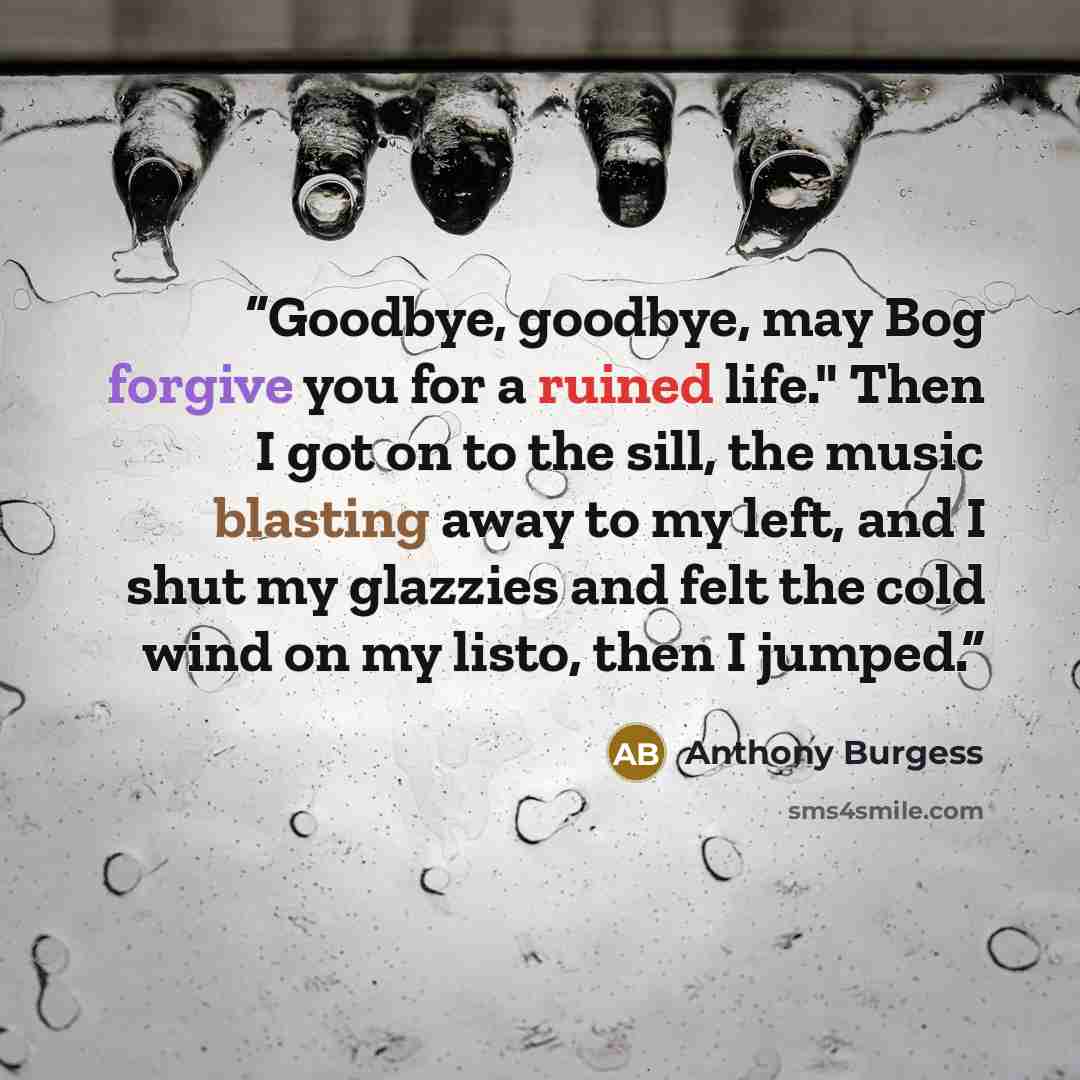“Goodbye, goodbye, may Bog forgive you for a ruined life." Then I got on to the sill, the music blasting away to my left, and I shut my glazzies and felt the cold wind on my listo, then I jumped.” quote by Anthony Burgess